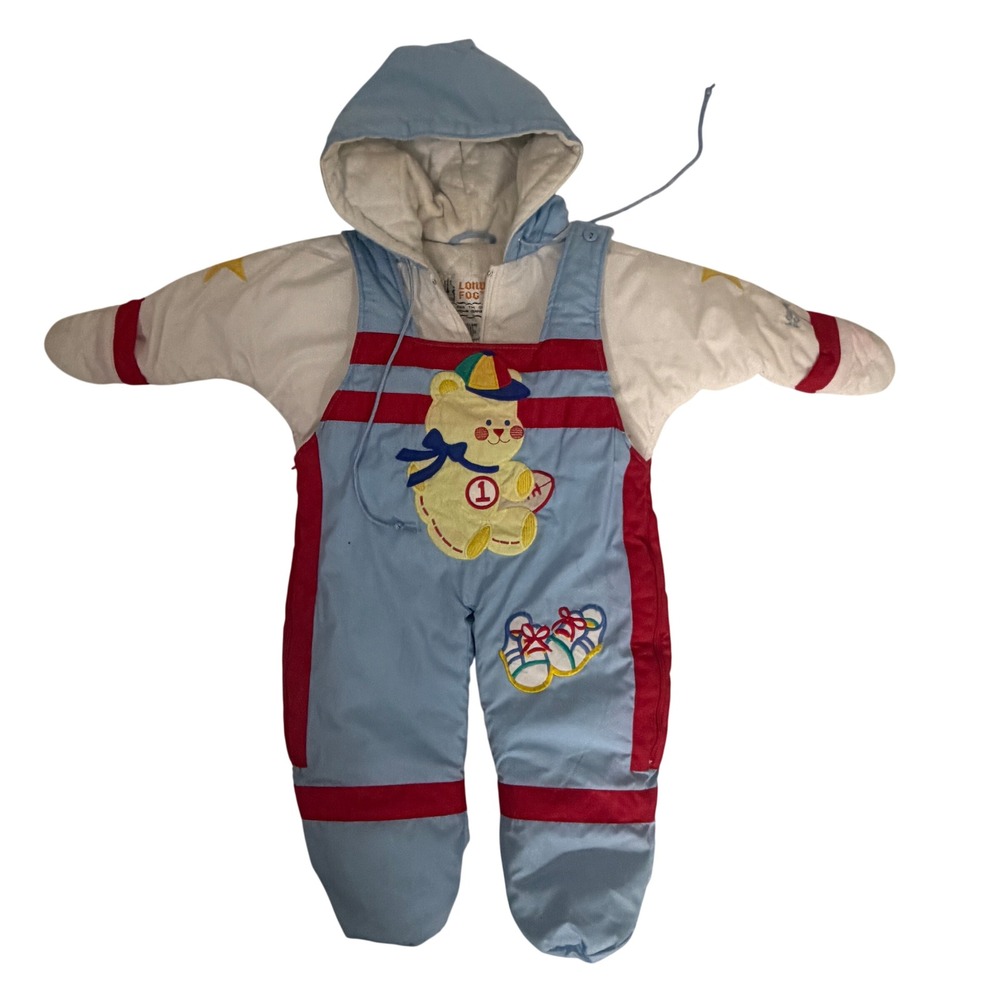 London Fog Snowsuit Baby 0-6M Blue White Red Good Vintage Teddy Bear Bunting